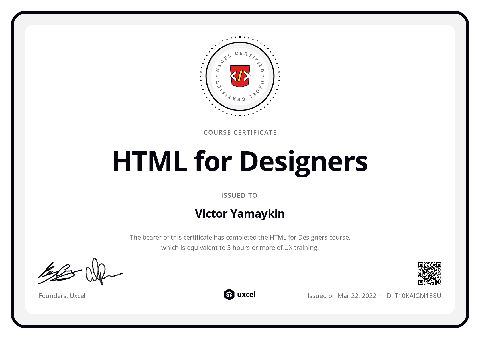 Victor Yamaykin's certificate